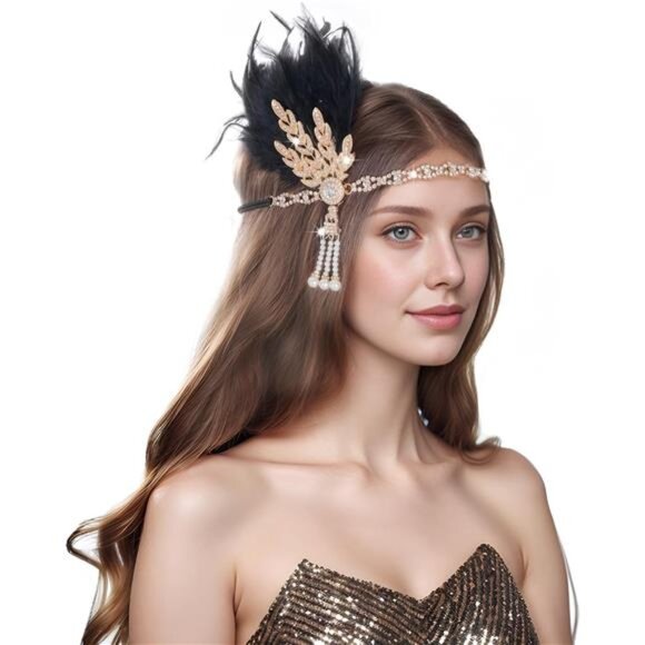 Flapper Feather Headband Roaring 20s Black Gold - Picture 7 of 8